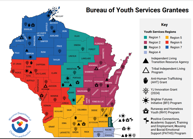 Wisconsin map showing regions served and programs/services offered.